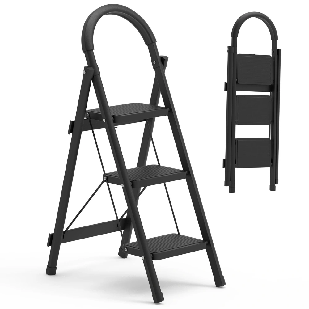 Three-step black folding ladder with non-slip steps and a curved handle for safety, shown upright and partially folded for compact storage.