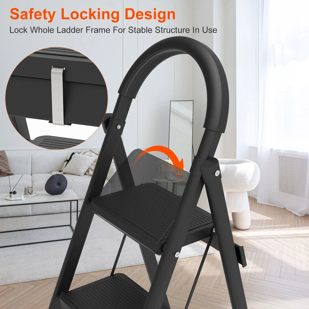 Black folding ladder with safety locking design for added stability and security, placed in a modern living room setting.