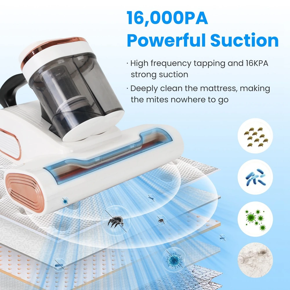 Handheld vacuum cleaner with powerful 16,000PA suction featured on a mattress, demonstrating deep cleaning capabilities that eliminate dust mites and allergens.