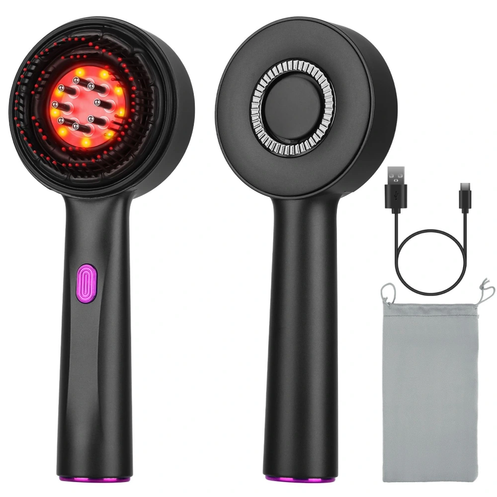 LED facial massager device with a black ergonomic handle, featuring a purple power button, rechargeable via USB, and accompanied by a gray storage pouch.