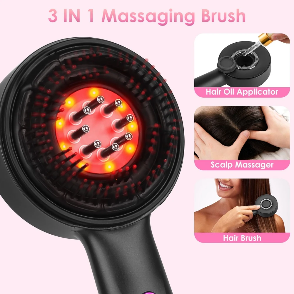 3-in-1 massaging brush designed for applying hair oil, scalp massage, and brushing, featuring a comfortable grip and stimulating bristles, perfect for enhancing hair health and relaxation.