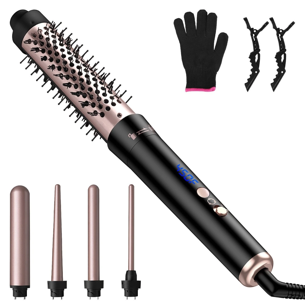 Hair styling tool featuring a round detachable heated brush, four interchangeable curling wands, a heat-resistant glove, and sectioning clips, all designed for versatile and effortless styling.