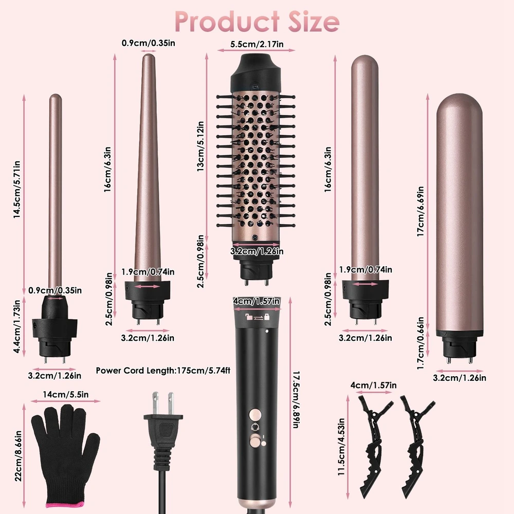 Image of a hair styling tool set showcasing different detachable barrel sizes and accessories, including a power cord and heat-resistant glove, with labeled dimensions for each component.