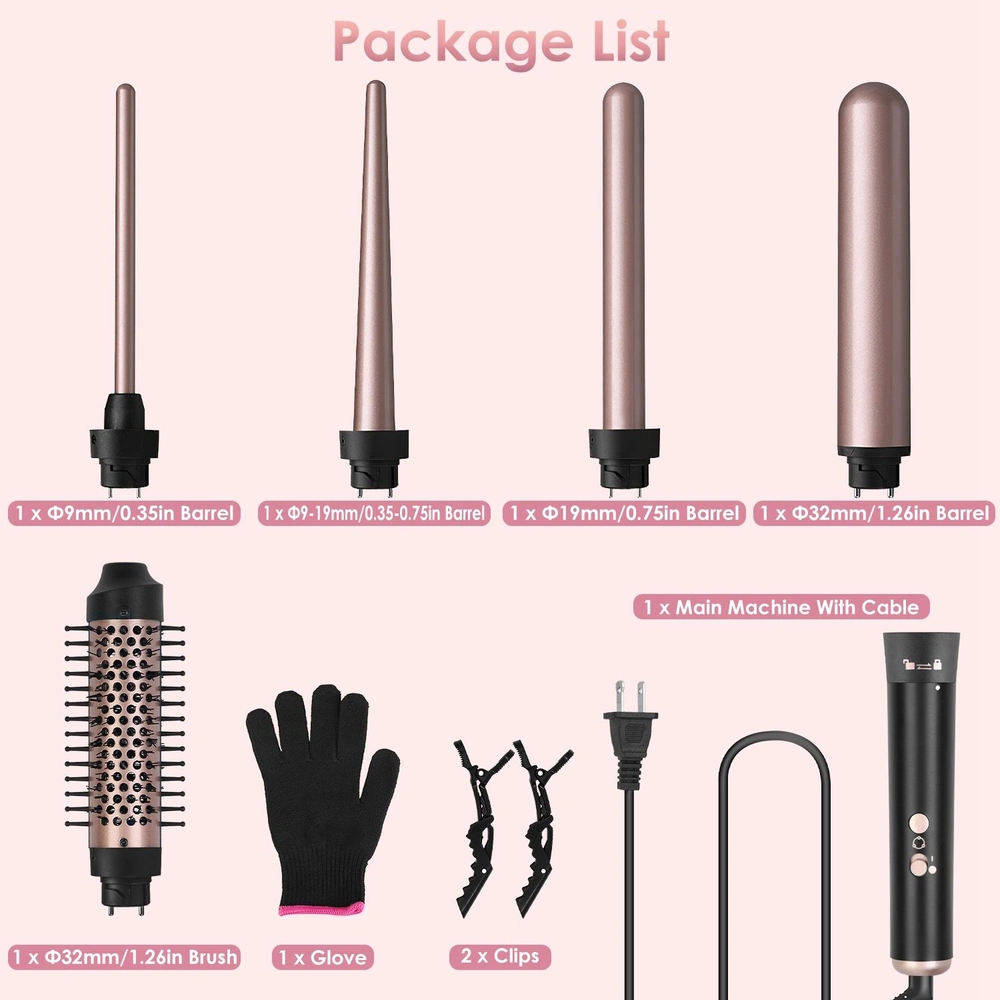 Image showing a hair styling kit containing four interchangeable curling barrels (sizes: 9mm, 19mm, 19mm-32mm, and 32mm), a round brush, a heat-resistant glove, two hair clips, and a main curling machine with a power cable, all in a sleek design.