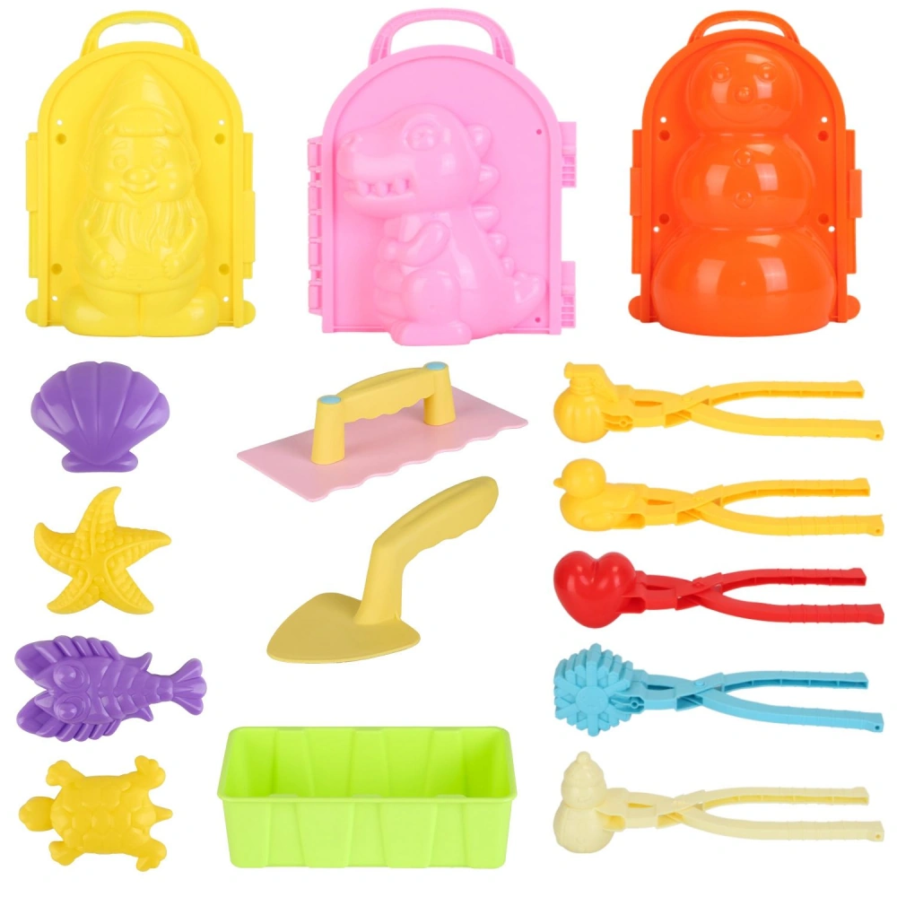 Colorful beach playset featuring a variety of molds and tools including dinosaur, gnome, and snowman shapes, sandcastle building tools, and vibrant plastic accessories for children.