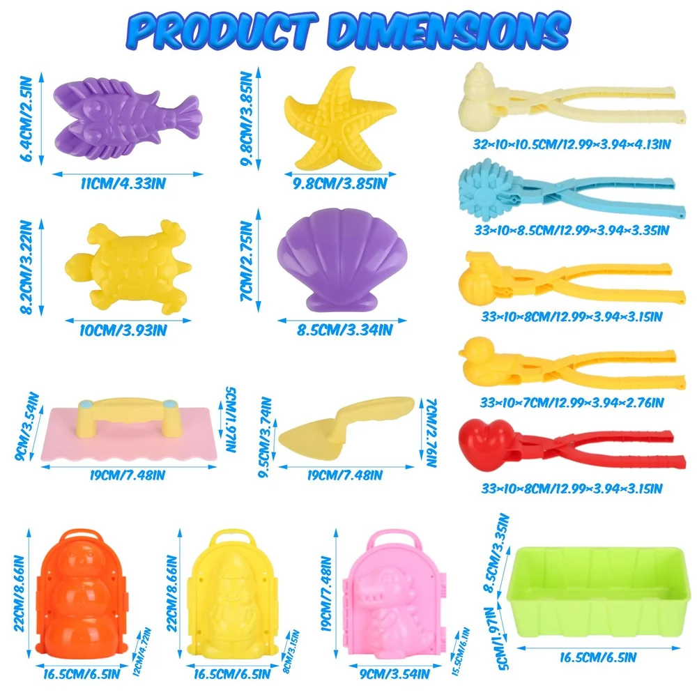 Colorful beach-themed toys with dimensions displayed, including fish, starfish, turtle, shell, and various sand molds, perfect for children.
