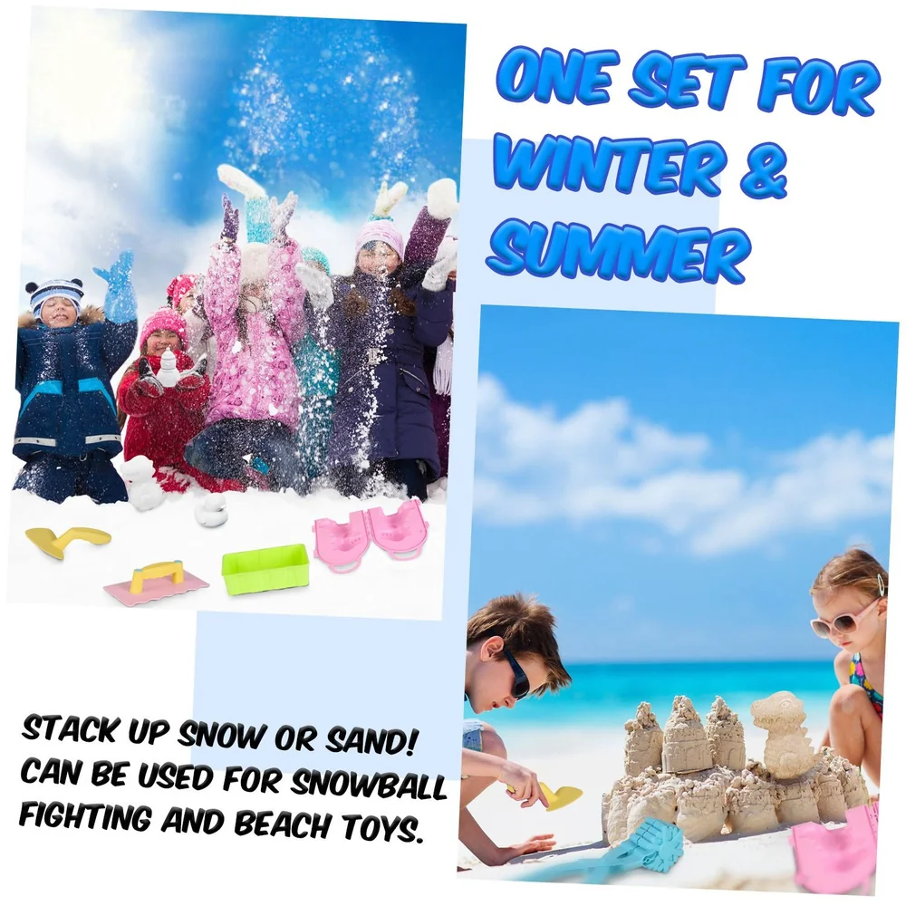Colorful winter and summer play set for outdoor fun, featuring children playing in snow and at the beach with multifunctional toys designed for snowball fights and sandcastle building.