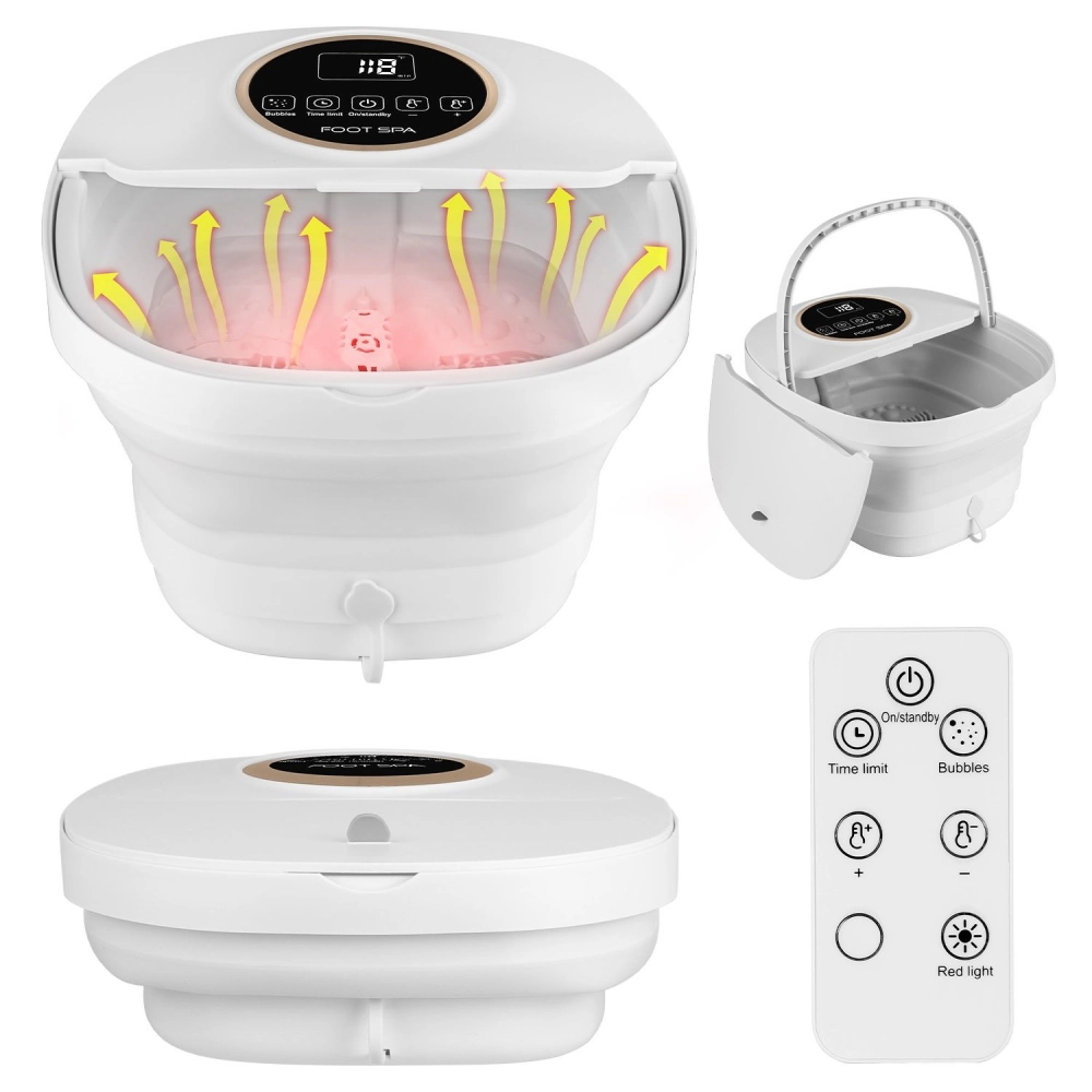 Foot spa massager with digital display, heated bubbles, and remote control for soothing foot treatments, featuring red light therapy and a collapsible design for easy storage.