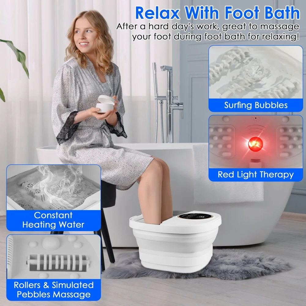 Woman relaxing at home in a robe, enjoying a heated foot bath with surfacing bubbles and red light therapy, showcasing the product's massage features and comfort benefits.