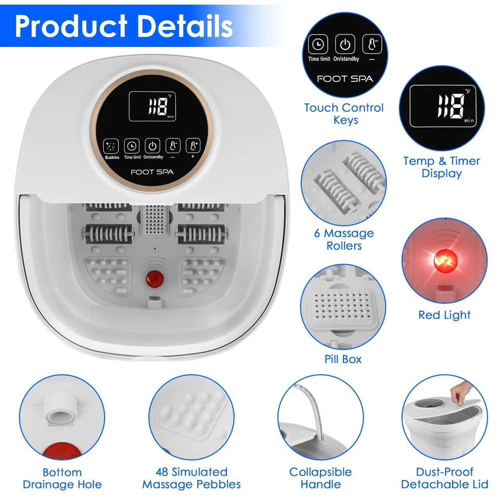 Foot spa machine featuring touch control keys, temperature and timer display, six massage rollers, simulated massage pebbles, and a dust-proof detachable lid for a relaxing home pedicure experience.