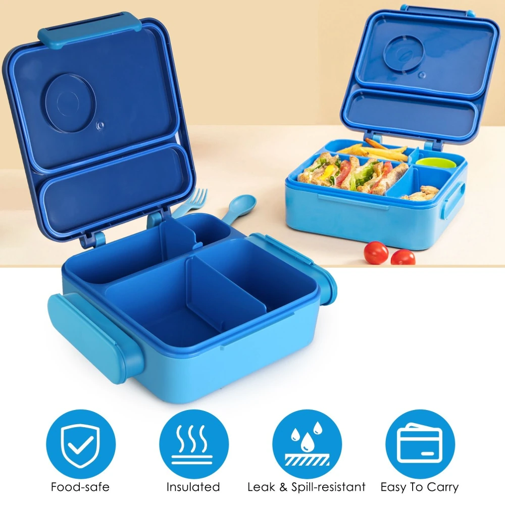 Blue insulated lunch box with compartments, featuring a food-safe, leak-proof design, two utensils, and easy-to-carry handles, ideal for meal prep and on-the-go use.