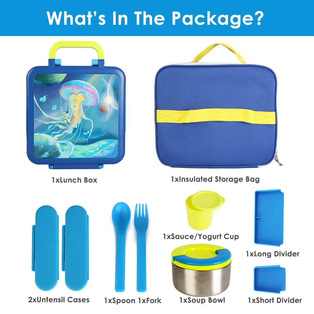 Colorful lunch box set featuring a jellyfish design, including an insulated storage bag, utensils, soup bowl, sauce cup, and dividers for organized meal prep.