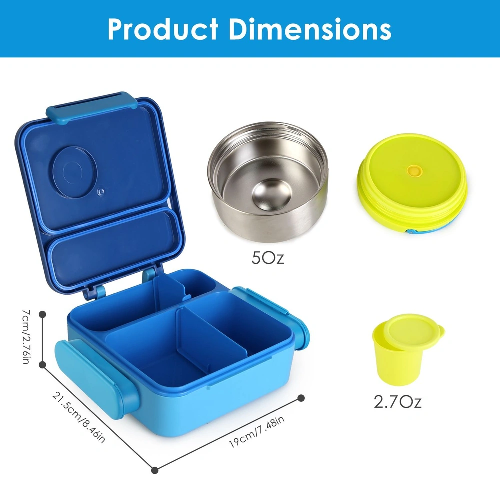 Blue bento lunch box with compartments, stainless steel insert, and colorful lid dimensions displayed; ideal for meal prep and on-the-go eating.