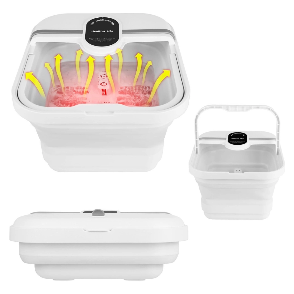 Foot spa massager with a clear top view showing warm water and a glowing red light, designed for relaxation and rejuvenation.