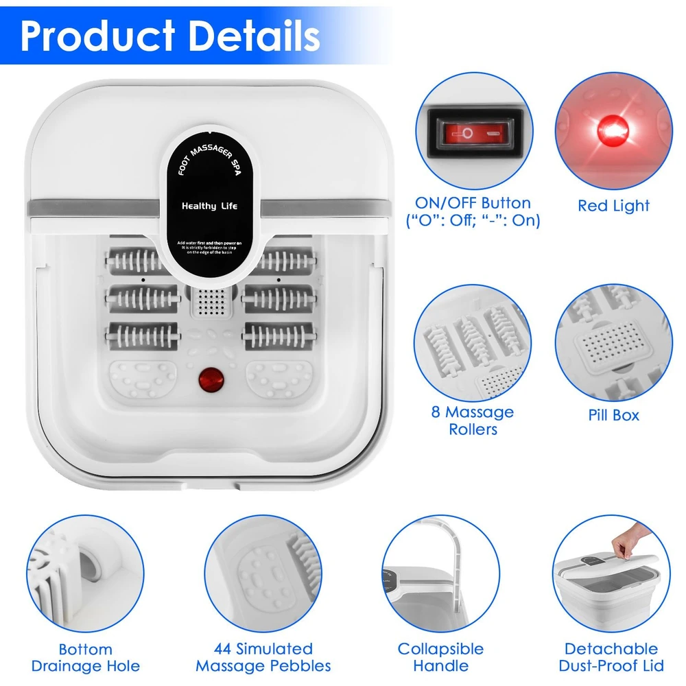 Foot massager spa with eight massage rollers, 44 simulated massage pebbles, detachable dust-proof lid, collapsible handle, and bottom drainage hole for easy cleaning.