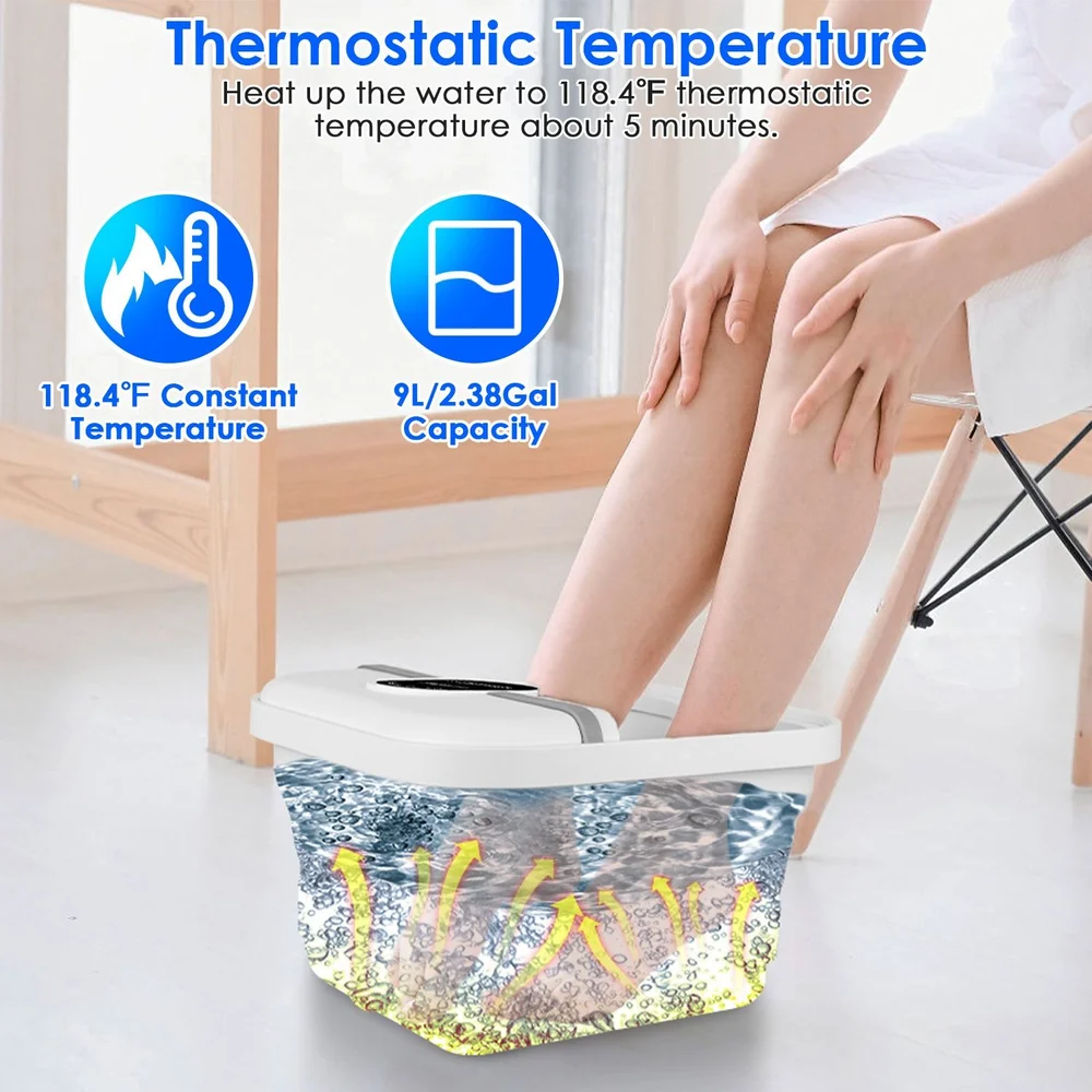 Foot spa with thermostatic temperature feature, showcasing a person soaking feet in a 9L capacity basin heating water to a constant 118.4°F, designed for relaxation and comfort.