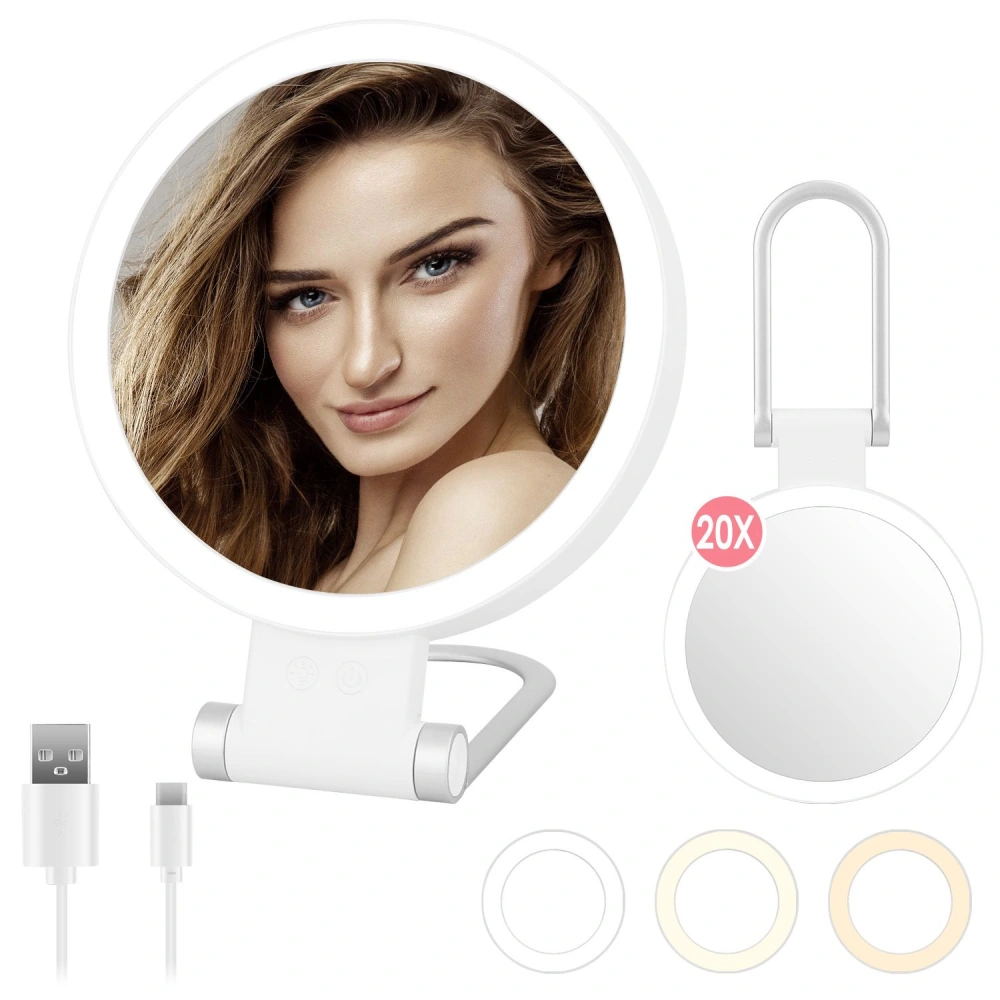 Compact LED vanity mirror with 20X magnification, USB charging, and adjustable light settings, perfect for detailed makeup application and skin care routines.