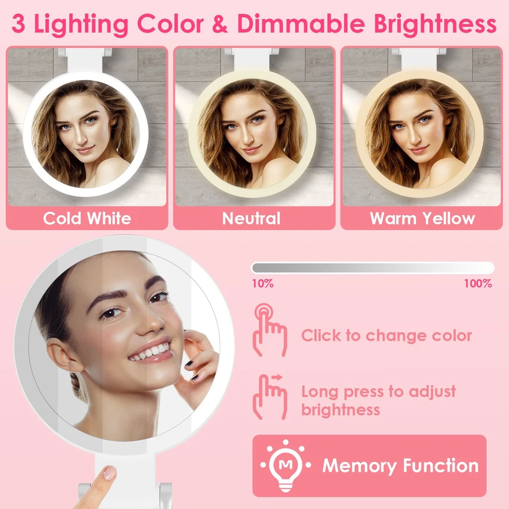 LED vanity mirror showcasing three adjustable lighting colors: cold white, neutral, and warm yellow; features a dimmable brightness slider and memory function for personalized lighting preferences.