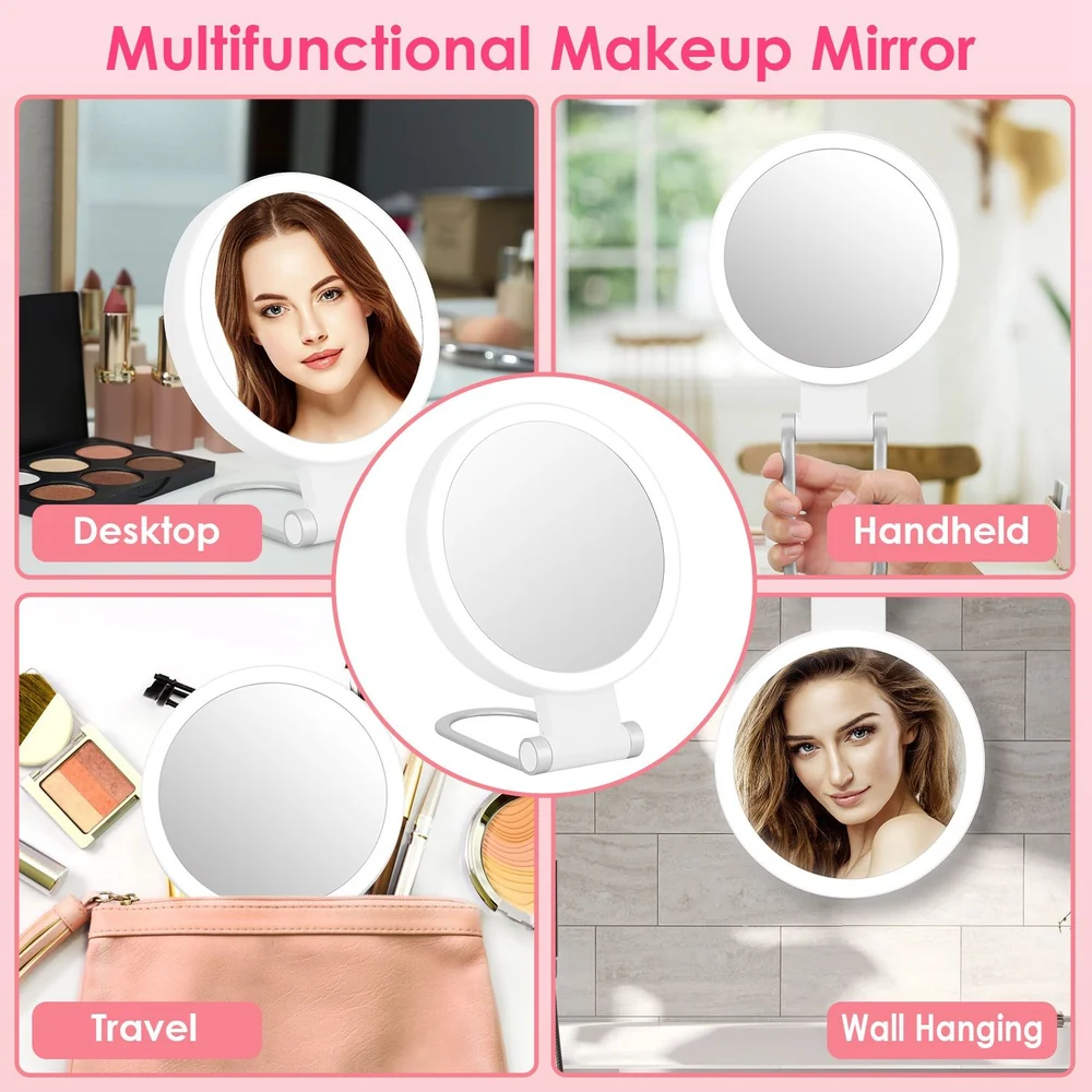 Multifunctional makeup mirror for desktop, handheld, travel, and wall hanging use, featuring a sleek design and versatile functionality.