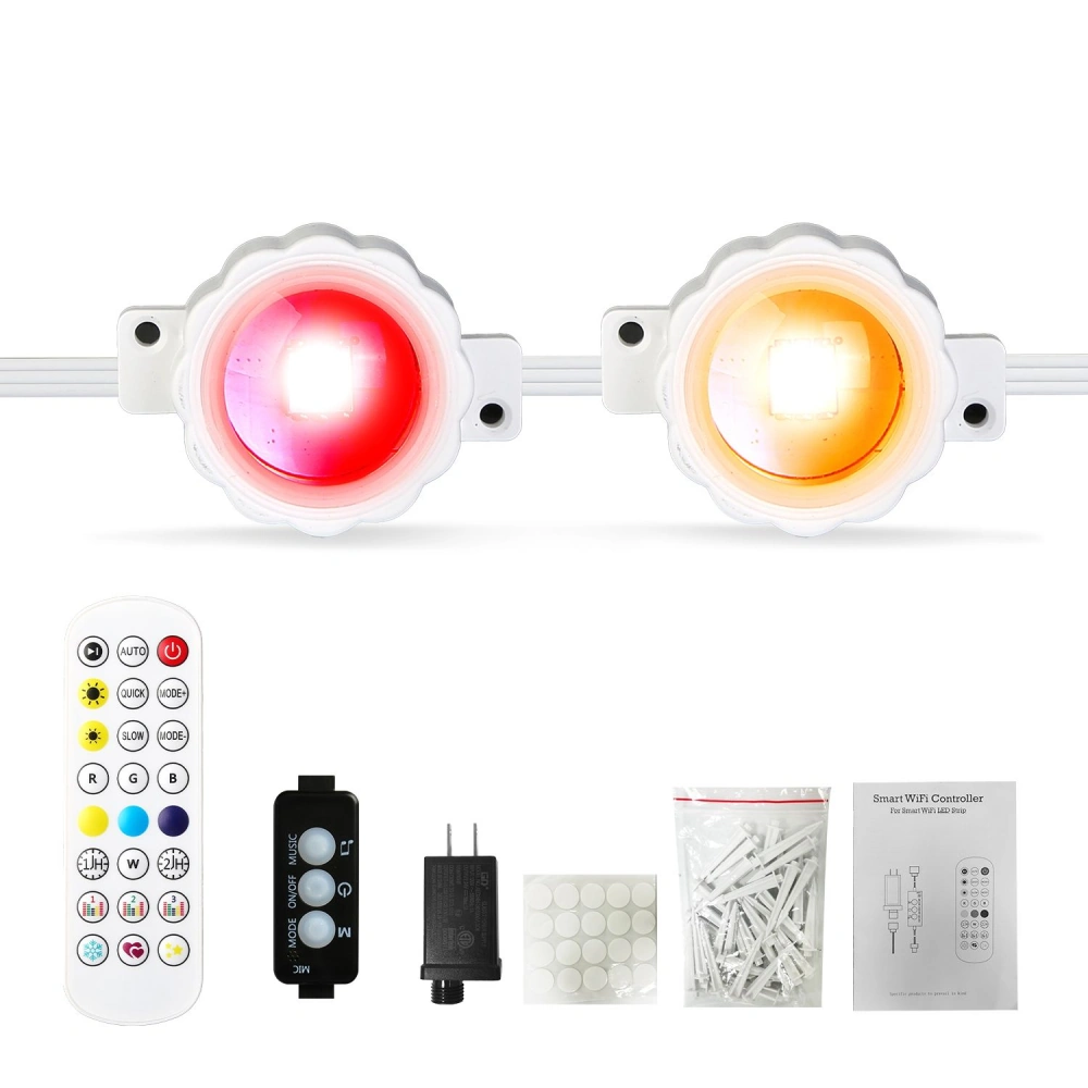Smart LED light set with red and orange bulbs, remote control, power adapter, adhesive pads, and installation accessories for customizable lighting.