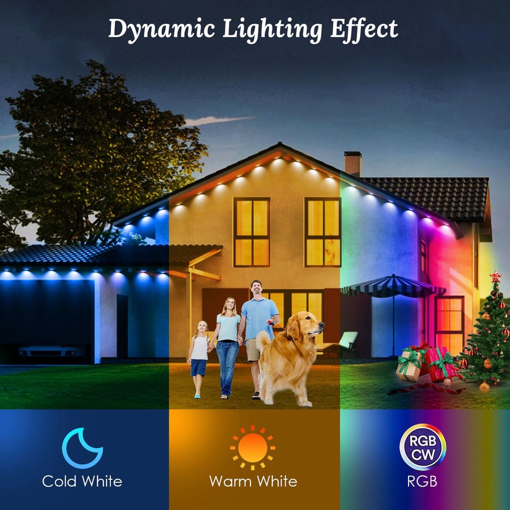 Dynamic outdoor lighting showcasing a family with a dog in front of a house, featuring warm white, cold white, and RGB lighting effects, perfect for enhancing home aesthetics and celebrations.