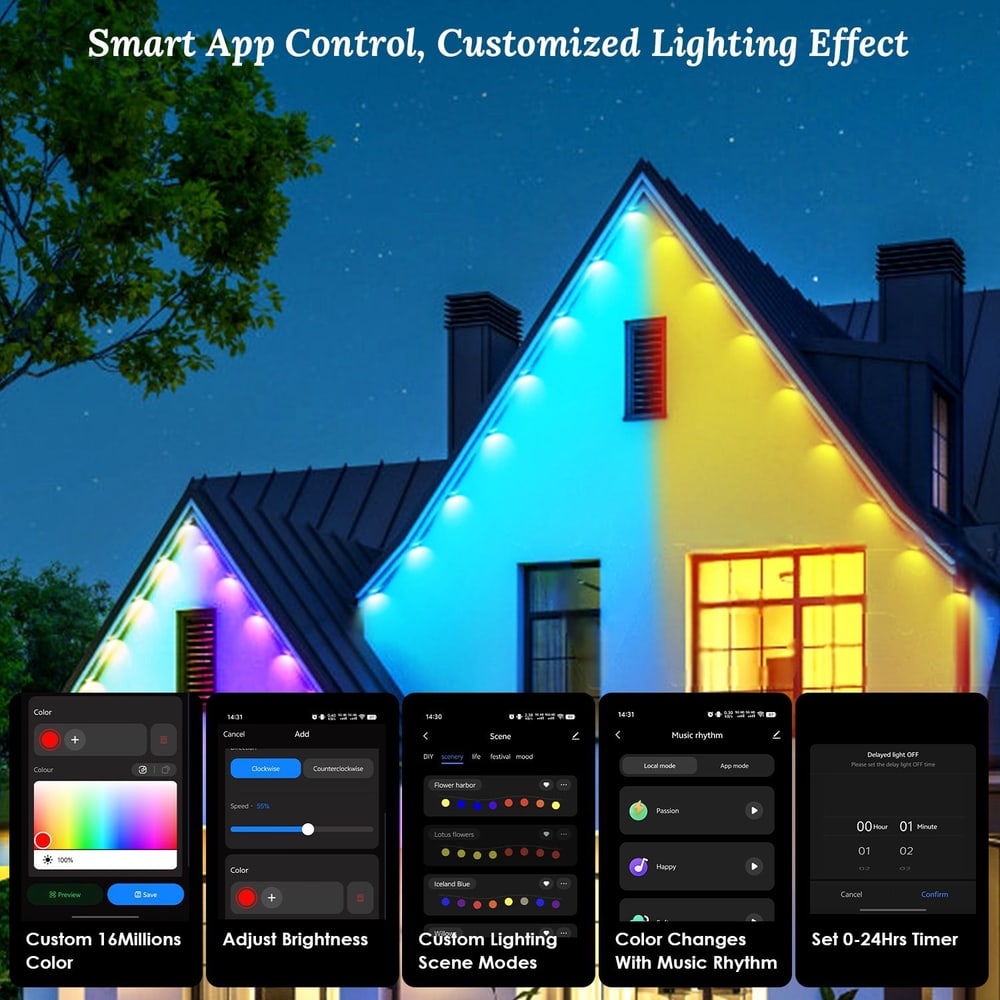 Smart LED outdoor house lighting with customizable colors, app control features displayed on smartphones, showcasing brightness adjustment, scene modes, and music synchronization.
