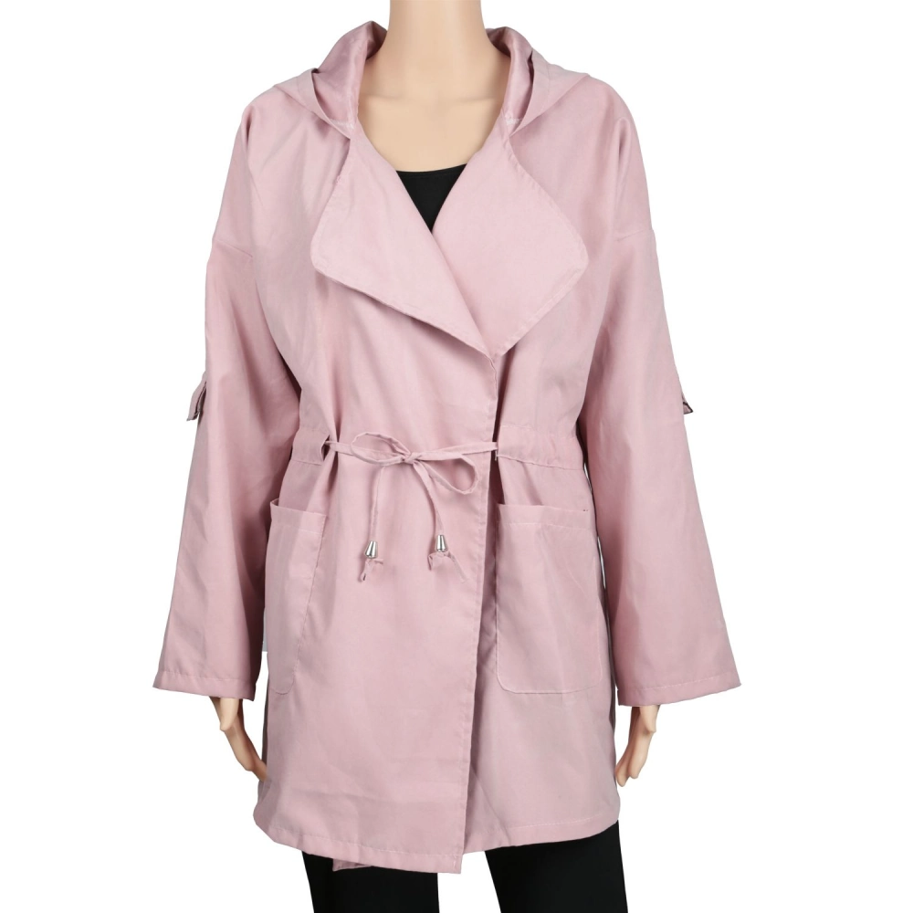Light pink hooded jacket with a belted waist and wide sleeves, featuring two front pockets displayed on a mannequin.