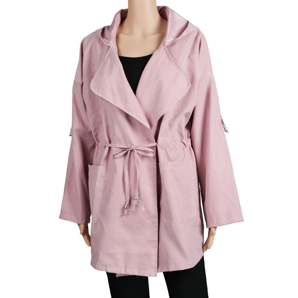 Light pink oversized jacket with a hood, adjustable drawstring waist, and front pockets, displayed on a mannequin against a white background.