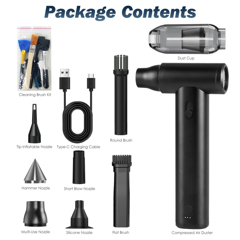 Compressed air duster kit with accessories including multiple nozzles, a cleaning brush set, and a Type-C charging cable, perfect for effective cleaning and dusting.