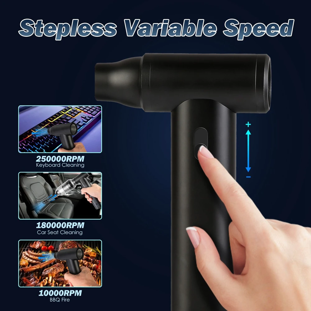 Hand using a stepless variable speed vacuum cleaner with highlighted speed settings for keyboard, car seat, and BBQ cleaning.