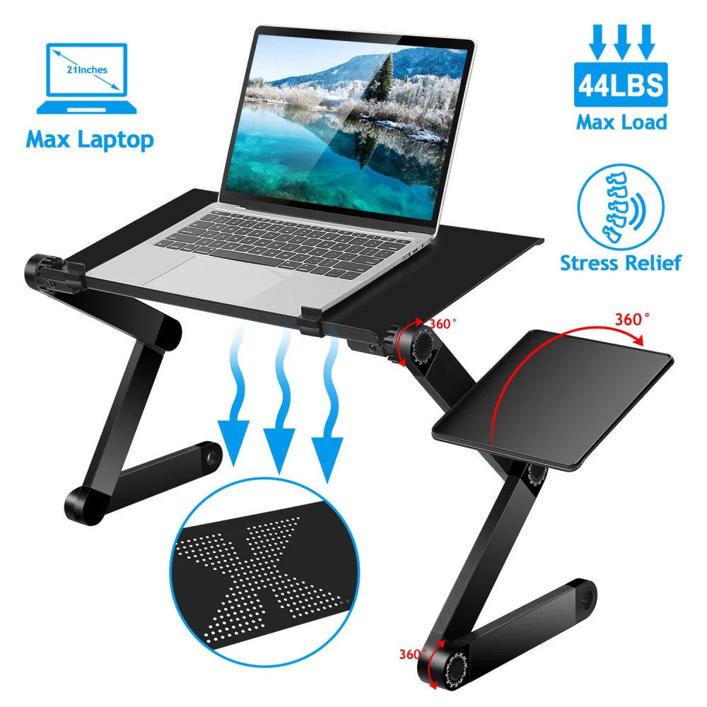 Adjustable laptop desk with cooling vents, capable of supporting laptops up to 21 inches and 44 lbs, featuring 360-degree rotation for ergonomic use.