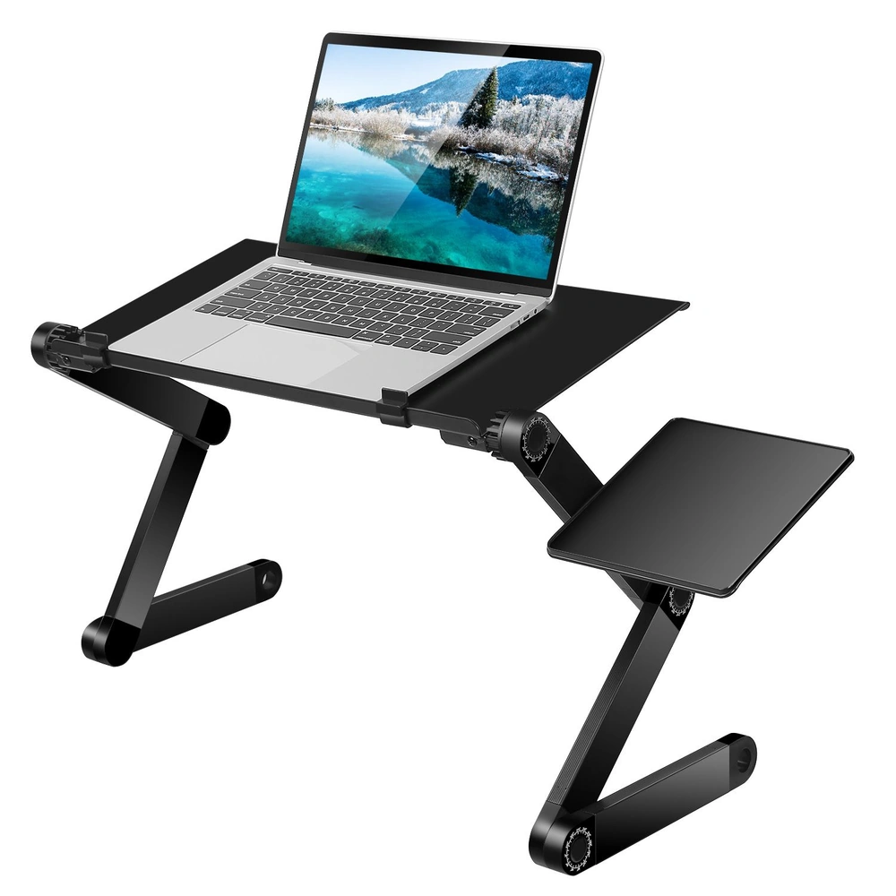 Portable adjustable laptop desk with side tablet holder, suitable for home office or study use.