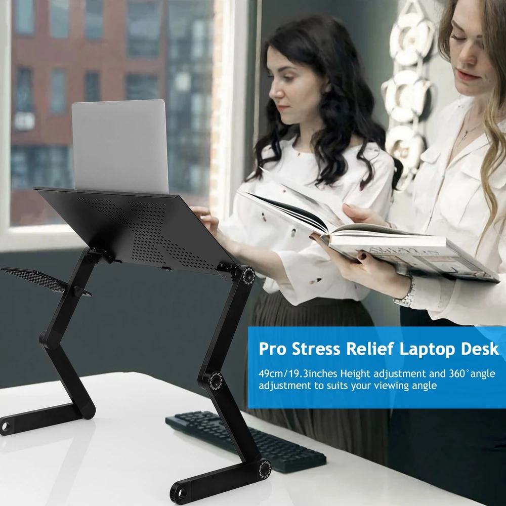 Pro Stress Relief Laptop Desk with height adjustment up to 49cm (19.3 inches) and 360° angle flexibility, designed for ergonomic comfort and improved posture while working on a laptop.