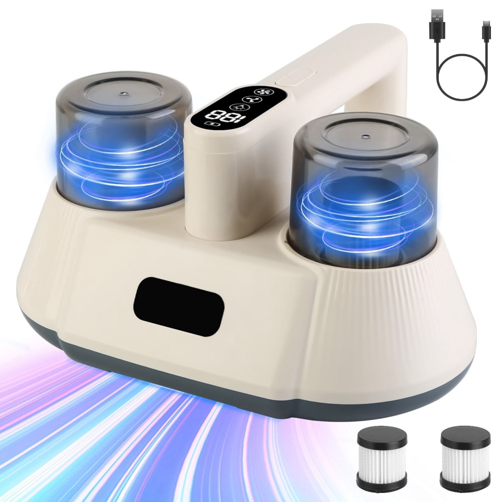 Portable UV Sterilizer with dual blue light technology, LCD display, and USB charging, featuring additional filters for effective sanitation.