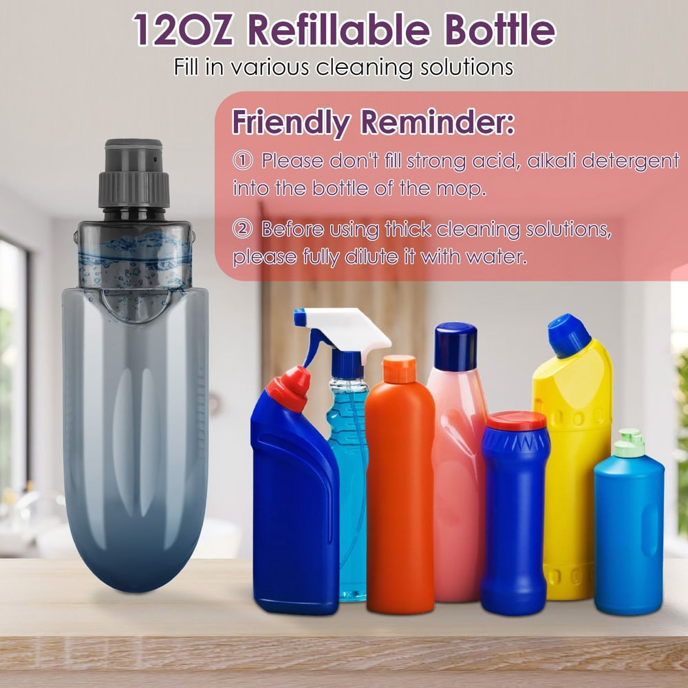 12oz refillable cleaning solution bottle in front of various colorful cleaning product bottles, featuring safety reminders for proper use and dilution.