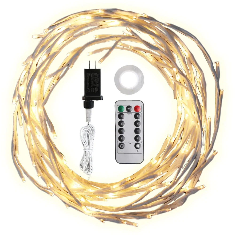 Warm white LED fairy lights on a flexible wire, featuring a remote control, power adapter, and adhesive tape for easy installation, perfect for indoor and outdoor decorations.