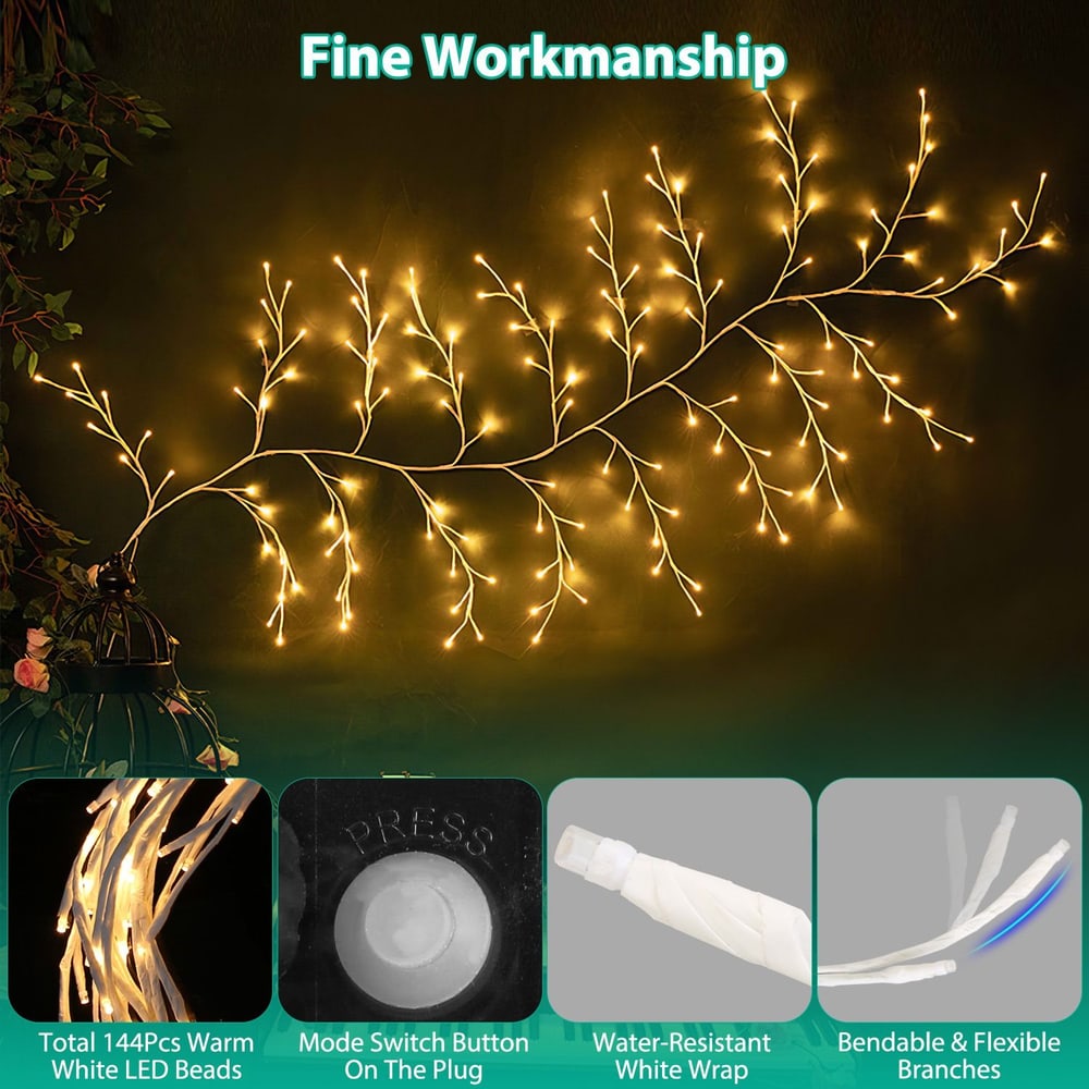 Warm white LED string lights in a branch design with 144 bulbs, featuring flexible branches, a water-resistant wrap, and a mode switch button on the plug for customizable lighting.