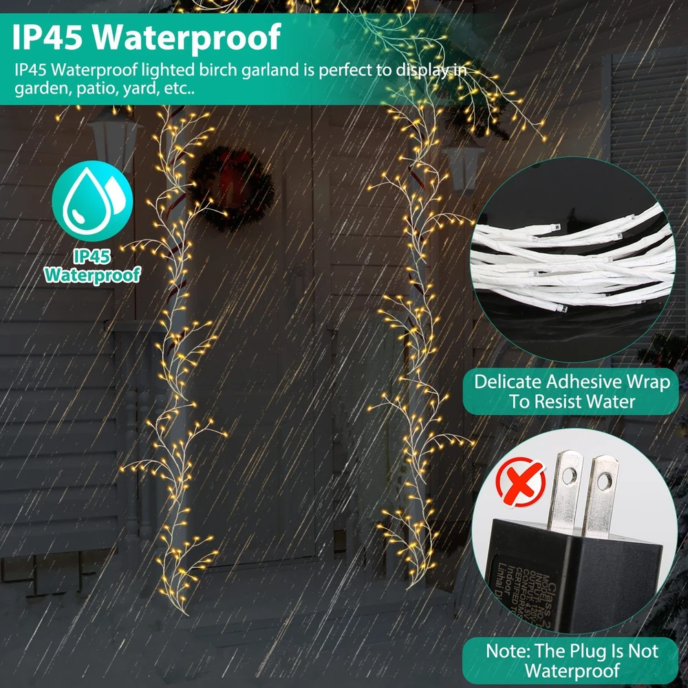 Waterproof IP45 lighted birch garland with delicate adhesive wrap, displayed against a rainy background, ideal for garden and patio decorations.