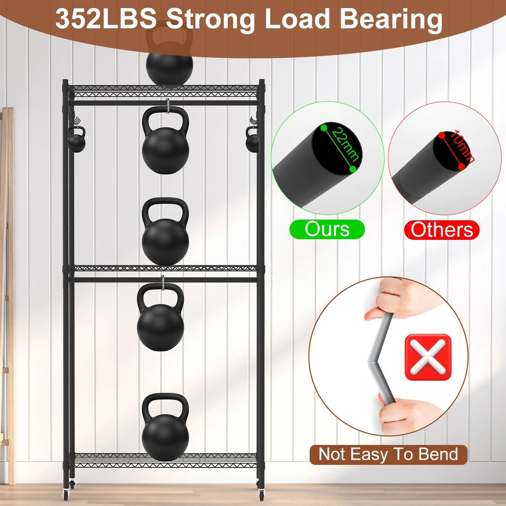 Heavy-duty storage rack showcasing kettlebells, highlighting a strong load-bearing capacity of 352 lbs, with a comparison of sturdy 22mm vs. 10mm tube thickness for durability.