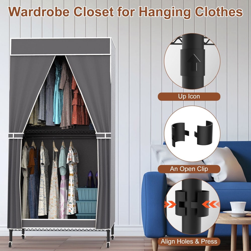 Wardrobe closet with hanging clothes, featuring a gray fabric cover, displaying colorful dresses and shoes inside, and instructional graphics for assembly on the side.