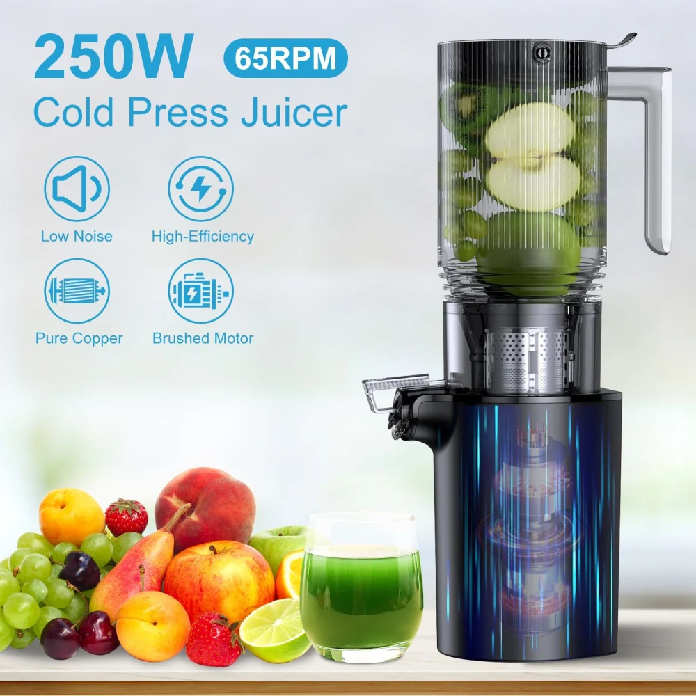 250W Cold Press Juicer with Low Noise, High Efficiency, and Pure Copper Brushed Motor, showcasing fresh fruits and a glass of green juice on a wooden table.