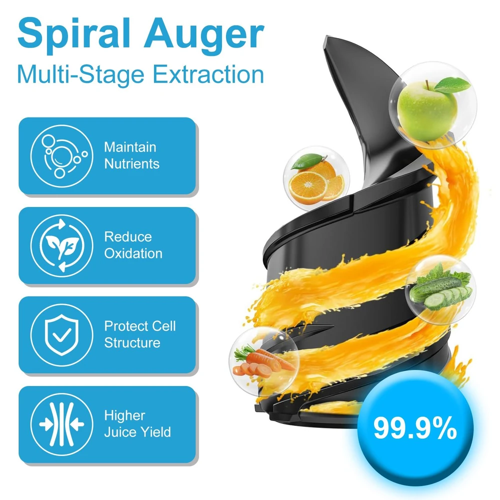 Spiral auger juicer featuring multi-stage extraction technology, highlighted benefits including nutrient preservation, oxidation reduction, cell structure protection, and higher juice yield represented visually with fruits and vegetables.