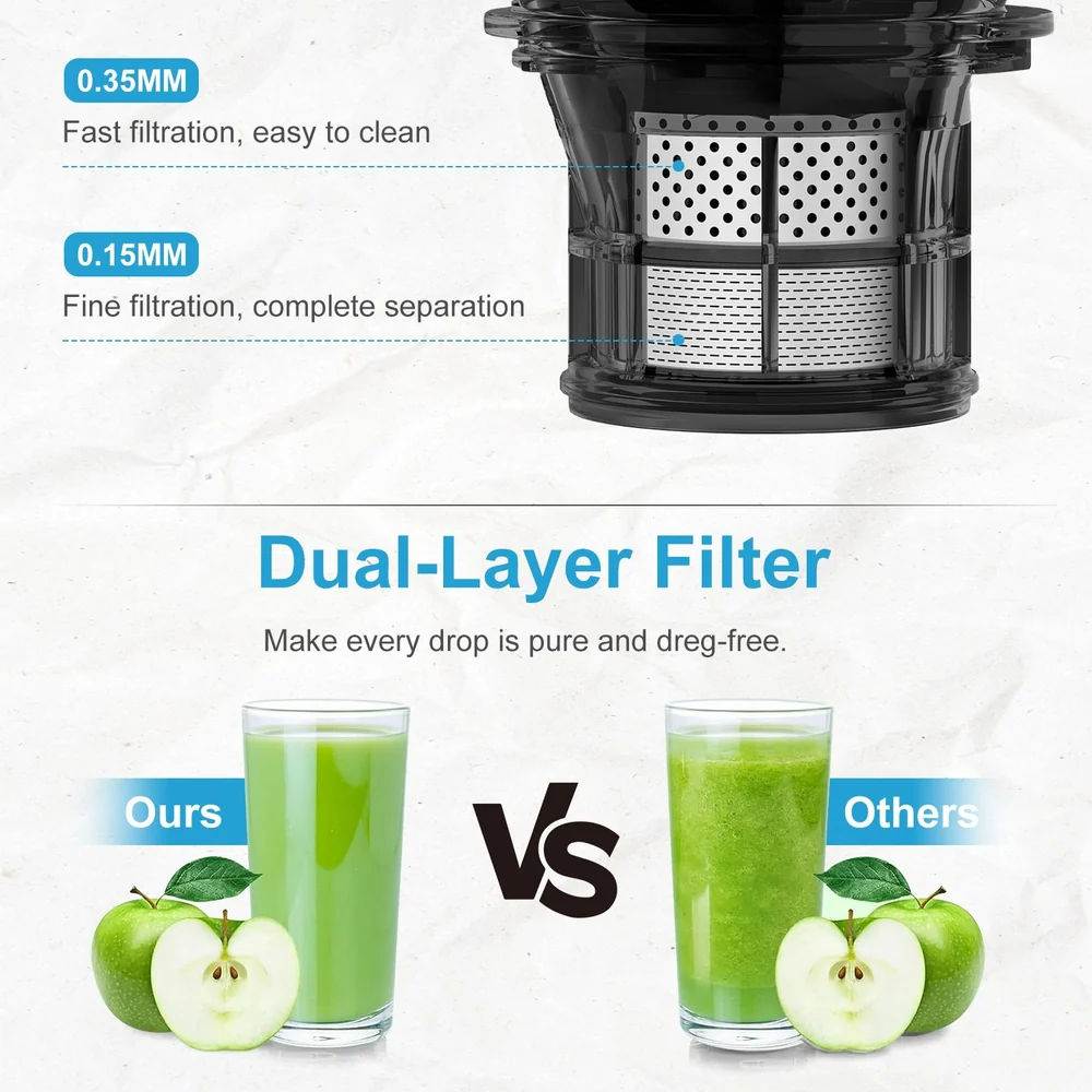 Dual-layer filter showing specifications of 0.35MM for fast filtration and 0.15MM for fine filtration, with visuals comparing clarity of juice made using this filter versus standard options.