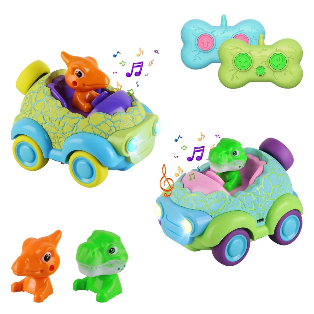 Colorful dinosaur cars with animated dinosaur figures, musical notes, and remote controls, featuring playful designs for interactive play.