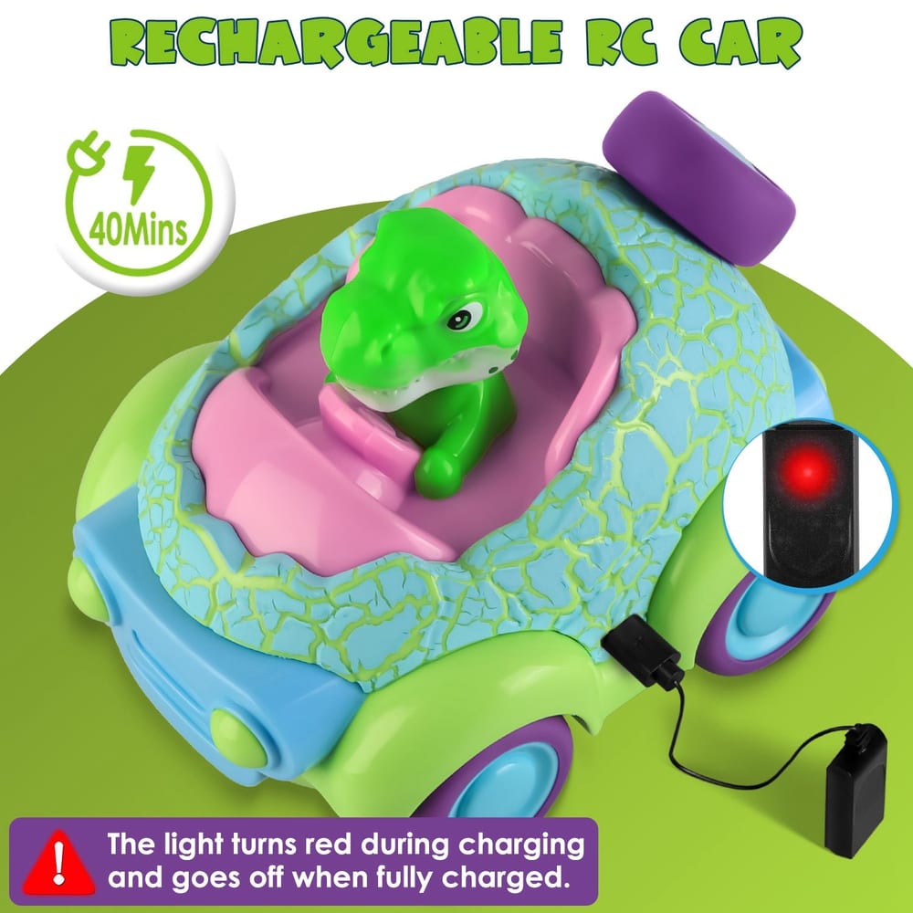 Colorful rechargeable RC car featuring a friendly green dinosaur character, with a charging indicator light showing red during charging.