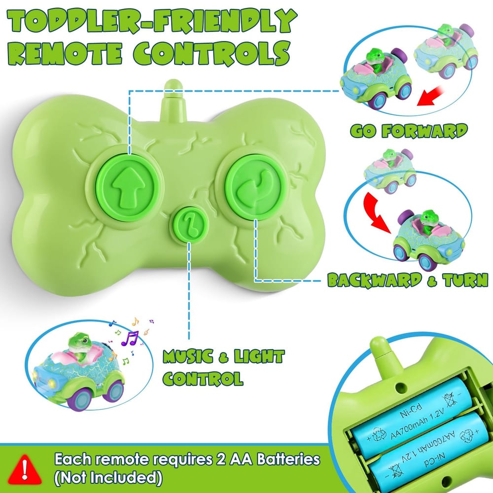 Toddler-friendly green bone-shaped remote control with large buttons for forward and backward movement, featuring music and light control; designed for easy use by young children.
