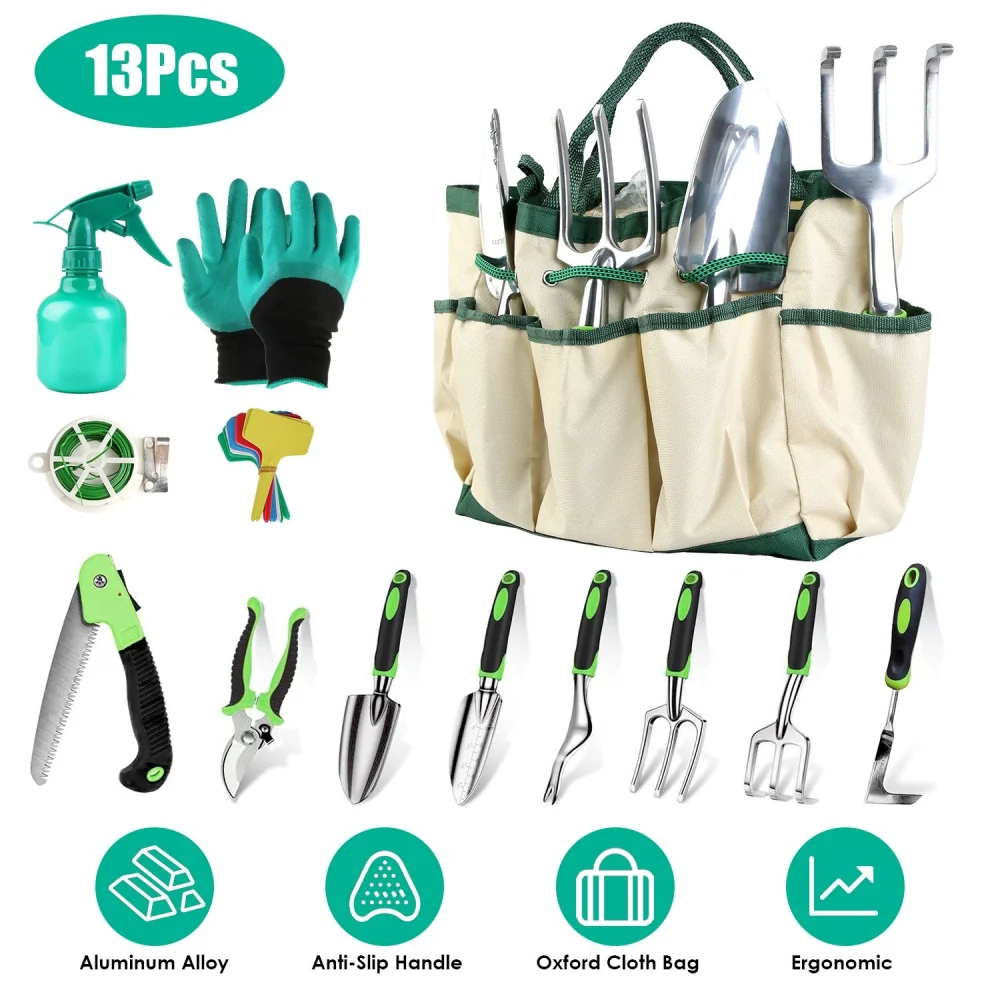 Gardening tool set with 13 pieces including a spray bottle, gloves, and assorted hand tools in a sturdy Oxford cloth bag, featuring anti-slip handles and ergonomic design for comfortable gardening.