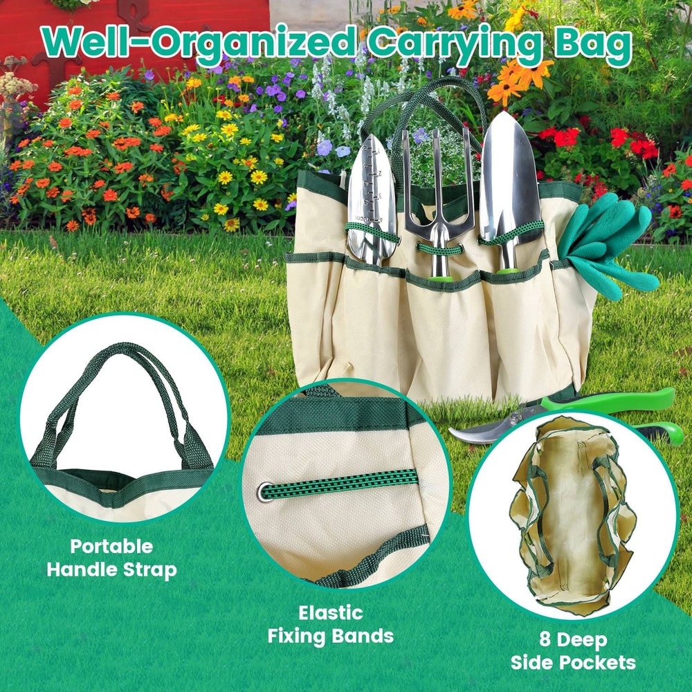 Garden tool carrying bag with multiple pockets, portable handle, and elastic fixings, organized against a vibrant flower garden background.