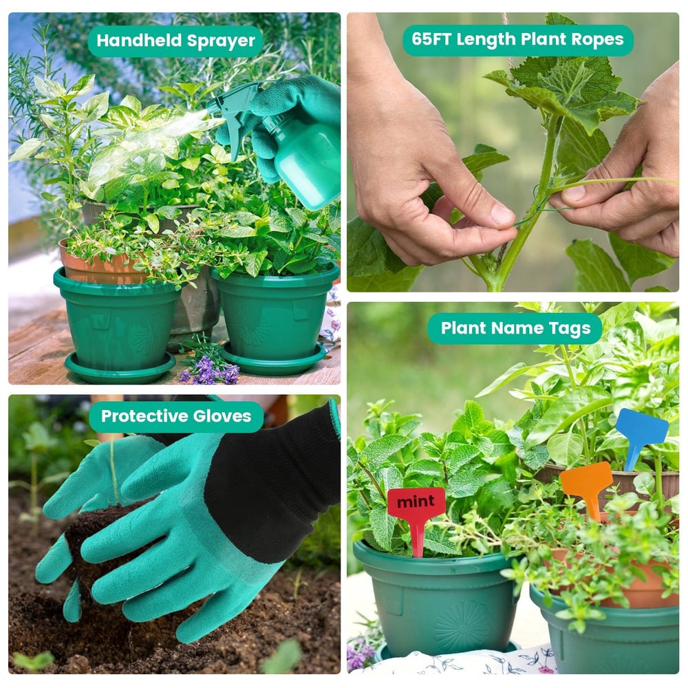 Image collage of gardening tools: a handheld sprayer watering plants in green pots, protective gloves digging into soil, and plant name tags identifying various herbs like mint.