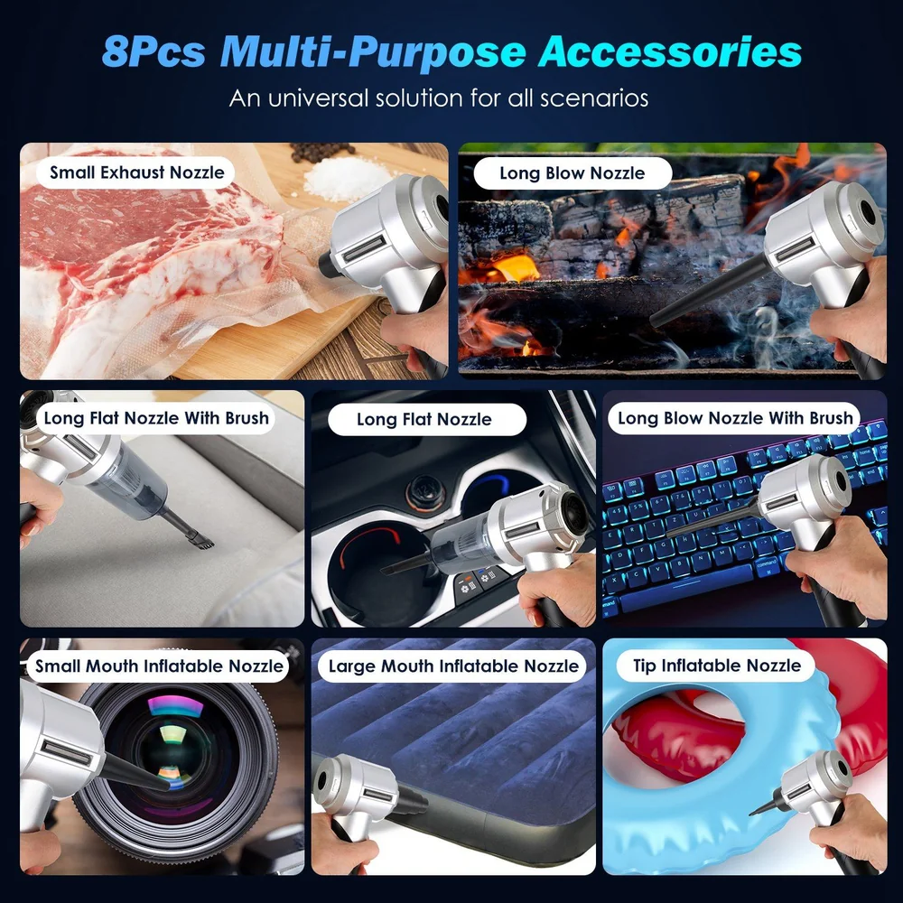 Multi-purpose accessories set featuring eight nozzles: small exhaust, long blow, long flat with brush, long flat, small mouth inflatable, large mouth inflatable, and tip inflatable nozzles for versatile cleaning and inflating solutions.